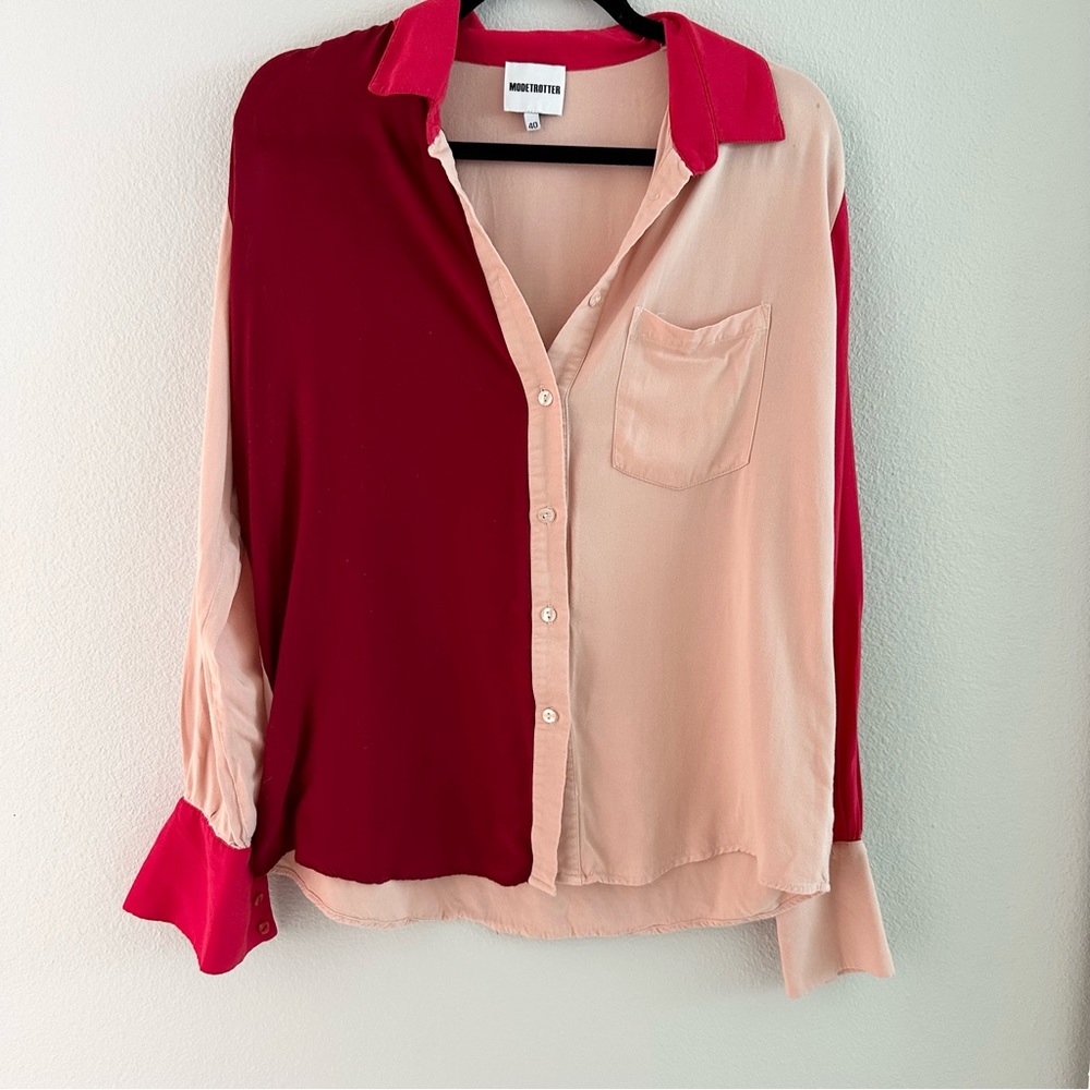 Modetrotter Pink and Red Button Down Colorblock Shirt
